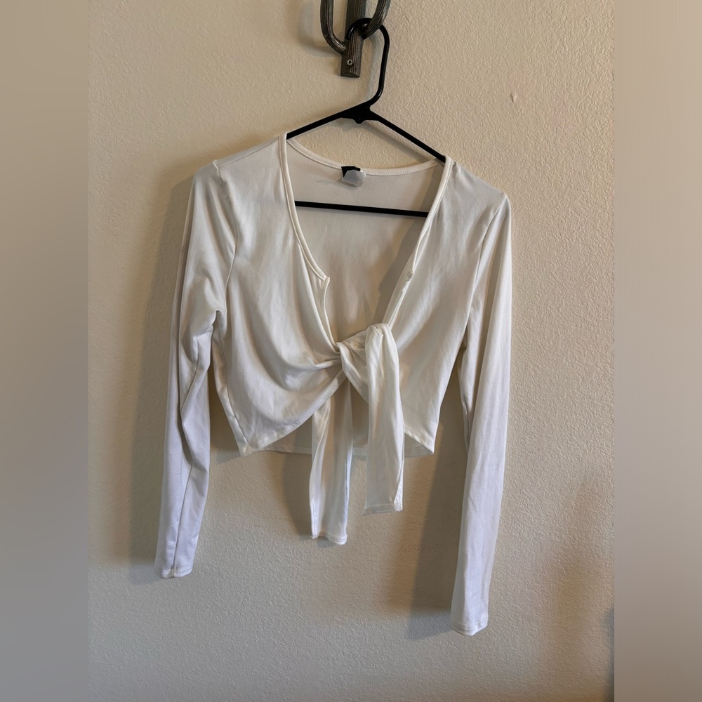 White Tie-Front Long Sleeve Top